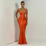 Women's Satin Strap Slim Waist Lace-Up Formal Party Evening Dress