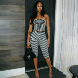 Women Color Block Striped Strapless Top & Capri Pants Two-Piece Set