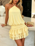 Women Summer Holiday Solid Halter Tie Backless Multi-Ruffle Maxi Dress