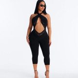 Women Autumn Solid Sexy Sleeveless Halter Cross Lace-Up Jumpsuit