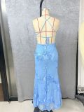 Women Blue Lace Embroidery Cami Mermaid Maxi Dress