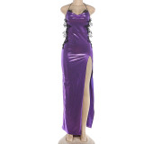 Women Summer Sexy Halter Lace Patchwork Slit Dress