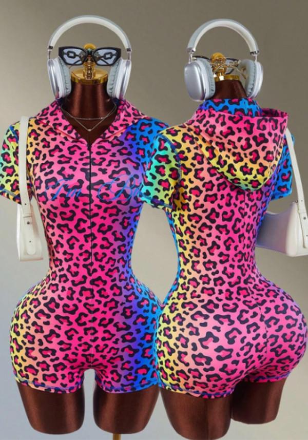 Autumn Women's Leopard Print Zip Short Sleeve Hooded Sports Jumpsuit