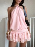 Women Summer Holiday Solid Halter Tie Backless Multi-Ruffle Maxi Dress
