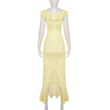 Women Summer Holiday Ruffle Tie Floral Sexy Slit Mermaid Maxi Dress