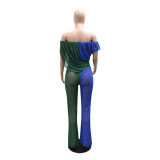 Women Off Shoulder Mesh Ruched Color Block Jumpsuit