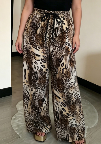Women's Beaded Drawstring Loose Print Casual Wide Leg Pants