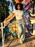 Women Detachable Waist Belt Layered Denim Wide Leg Pants