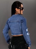 Women Ripped Crop Denim Jacket