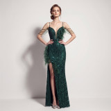 Summer Women's Feather Sequin Strap High Slit Formal Party Evening Dress