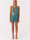 Women Solid Sexy Backless Cross Halter Summer Dress