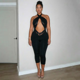 Women Autumn Solid Sexy Sleeveless Halter Cross Lace-Up Jumpsuit