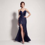 Summer Women's Feather Sequin Strap High Slit Formal Party Evening Dress