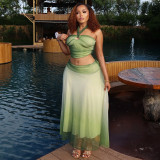 Women Gradient Halter Sleeveless Backless Top & Skirt Two-Piece Set