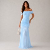 Women Sexy Off Shoulder Mermaid Dress Ruched Mesh Patchwork Maxi Dress