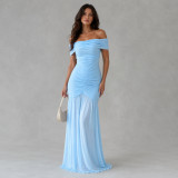 Women Sexy Off Shoulder Mermaid Dress Ruched Mesh Patchwork Maxi Dress