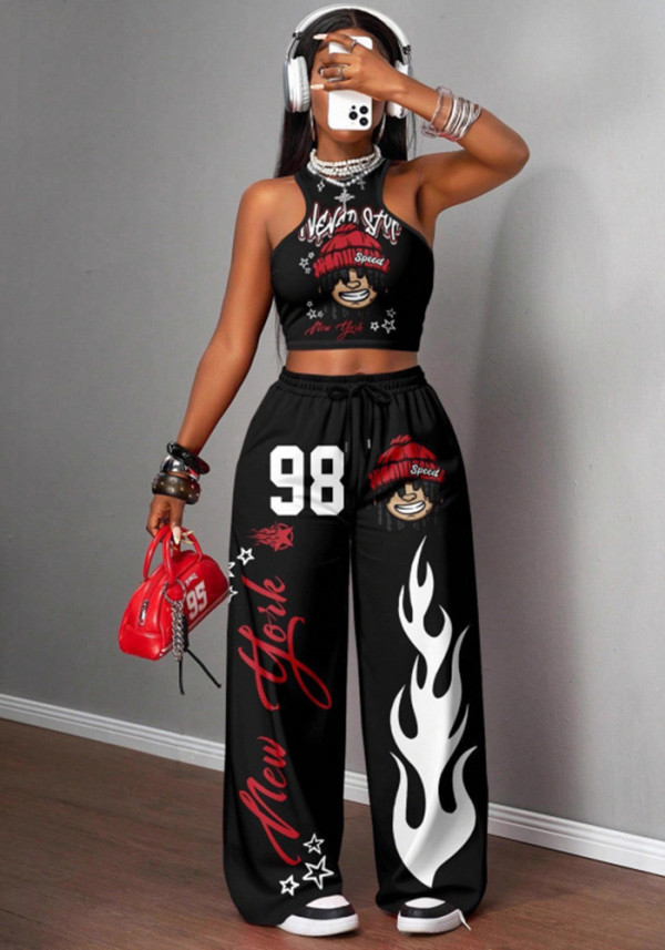 Casual Hip Hop Print Tank Top & Wide Leg Pants Set