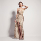 Summer Women's Feather Sequin Strap High Slit Formal Party Evening Dress