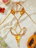 Women's Metallic Gold Cutout Low Back One-Piece Bikini Swimsuit
