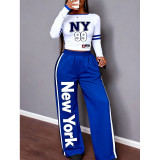 Letter Print Casual Long Sleeve Top & Wide Leg Pants Two-Piece Set