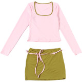 Summer Women's Sexy Long Sleeve Lace-Up Bodycon Mini Skirt Set