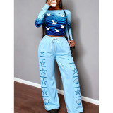 Letter Print Casual Long Sleeve Top & Wide Leg Pants Two-Piece Set
