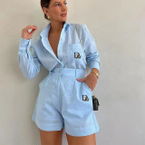 Casual Linen Solid Shirt & Drawstring Wide Leg Shorts Set