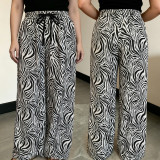 Women's Beaded Drawstring Loose Print Casual Wide Leg Pants