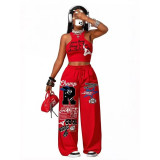Casual Hip Hop Print Tank Top & Wide Leg Pants Set