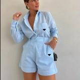 Casual Linen Solid Shirt & Drawstring Wide Leg Shorts Set