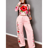 Letter Print Casual Long Sleeve Top & Wide Leg Pants Two-Piece Set