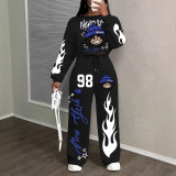 Casual Geometric Print Round Neck Long Sleeve Top & Pants Set