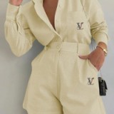 Casual Linen Solid Shirt & Drawstring Wide Leg Shorts Set