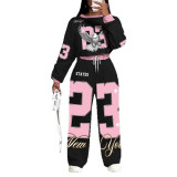 Casual Geometric Print Round Neck Long Sleeve Top & Pants Set