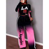 Letter Print Casual Long Sleeve Top & Wide Leg Pants Two-Piece Set