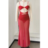 Women's Solid Cutout One-Piece Swimsuit with Mesh Skirt Two-Piece Set