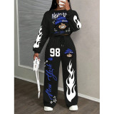 Casual Geometric Print Round Neck Long Sleeve Top & Pants Set