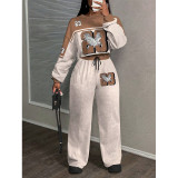 Casual Geometric Print Round Neck Long Sleeve Top & Pants Set