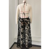 Women's Halter Neck Low Back Lace-Up Bikini & Lace Patchwork Pants Two-Piece Swimsuit