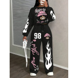 Casual Geometric Print Round Neck Long Sleeve Top & Pants Set