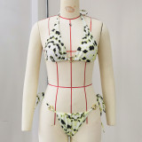 Women's Printed Low Rise Lace-Up Low Back Bikini with Skirt Swimsuit