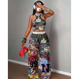 Casual Hip Hop Print Tank Top & Wide Leg Pants Set