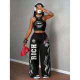 Casual Hip Hop Print Tank Top & Wide Leg Pants Set