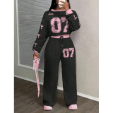 Casual Geometric Print Round Neck Long Sleeve Top & Pants Set