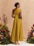 Summer Women's Slim Fit One Shoulder Ruched Chic Formal Party Holiday Maxi Dress
