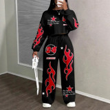 Casual Geometric Print Round Neck Long Sleeve Top & Pants Set