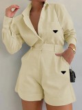 Casual Linen Solid Shirt & Drawstring Wide Leg Shorts Set