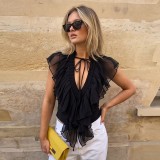 Women Summer Sexy V Neck Ruffle Patchwork Lace-Up Sleeveless Top
