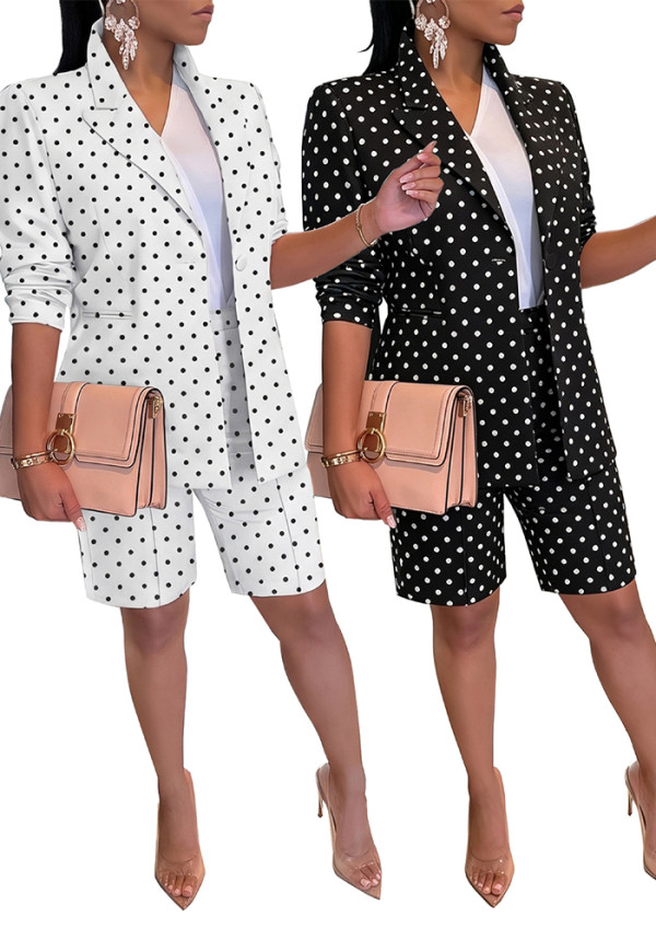 Women Spring Summer Casual Polka Dot Blazer and Shorts Two Piece Set