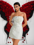 Women Summer Strapless Floral Jacquard White Mini Evening Dress
